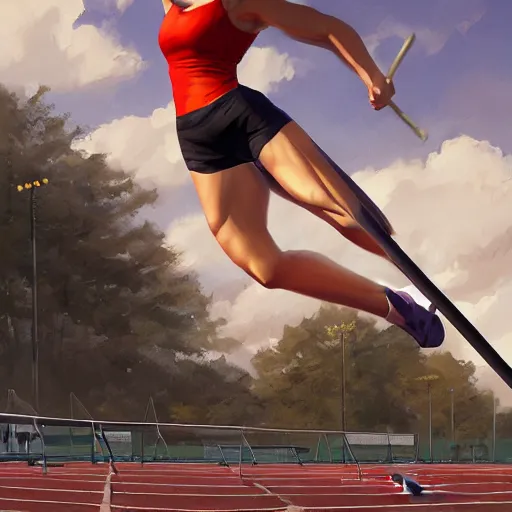 Prompt: Mariska Hargitay pole vaulting at a track and field event by Stanley Artgerm Lau, WLOP, Rossdraws, Frank Frazetta, Andrei Riabovitchev, Marc Simonetti, trending on artstation.