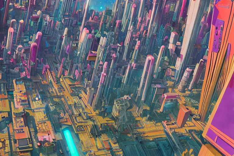 Prompt: futuristic city, illustration painting, intricate, detailed illustration, hd, digital art, overdetailed art, concept art, complementing colors, detailed, illustration painting by leonardo da vinci, digital art, overdetailed art, concept art, complementing colors rendered by beeple, syd meade,