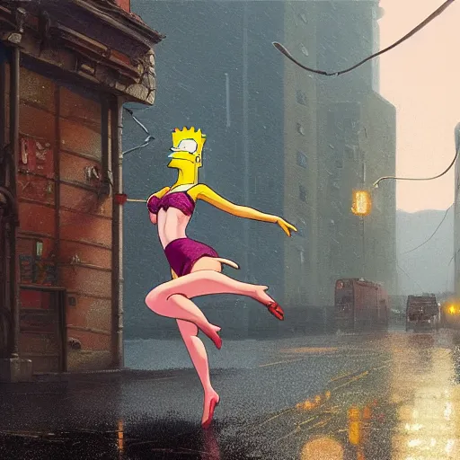 Image similar to highly detailed a woman dancing in the rain revfrom the simpsons, in gta v, stephen bliss, unreal engine, fantasy art by greg rutkowski, loish, rhads, ferdinand knab, makoto shinkai and lois van baarle, ilya kuvshinov, rossdraws, tom bagshaw, global illumination, radiant light, detailed and intricate environment