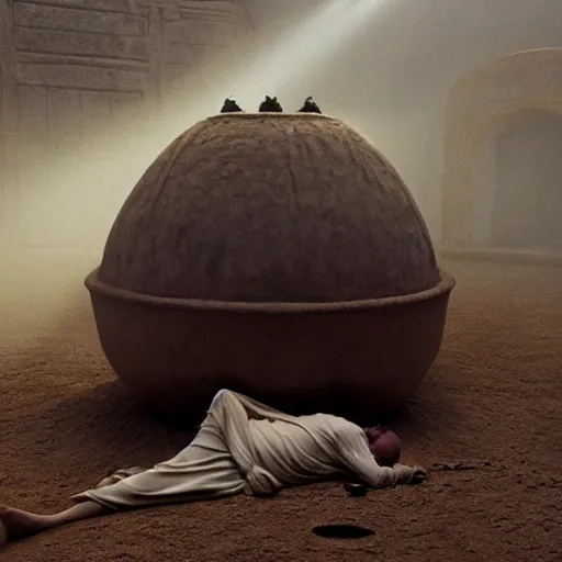 Prompt: a priest sleeping in a large clay pot, foggy, sun rays, cinematic shot, photo still from movie by denis villeneuve, wayne barlowe