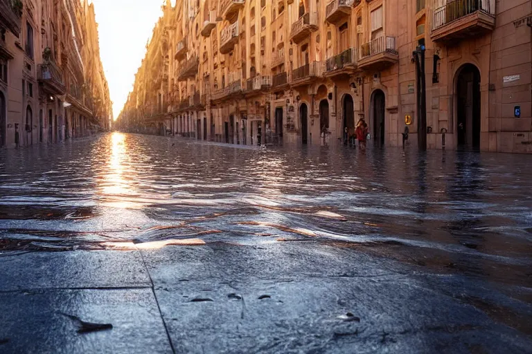 Prompt: views of catastrophic barcelona streets covered with water, global warming, sunset lighting, photo real