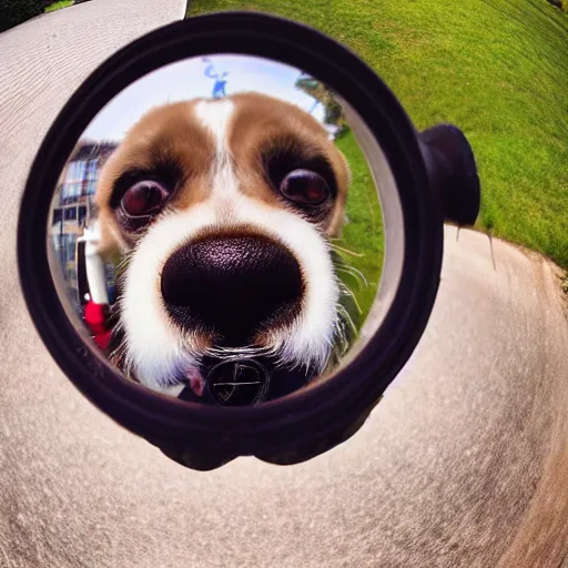 Image similar to fisheye lens photo of a dog wearing a fake moustache