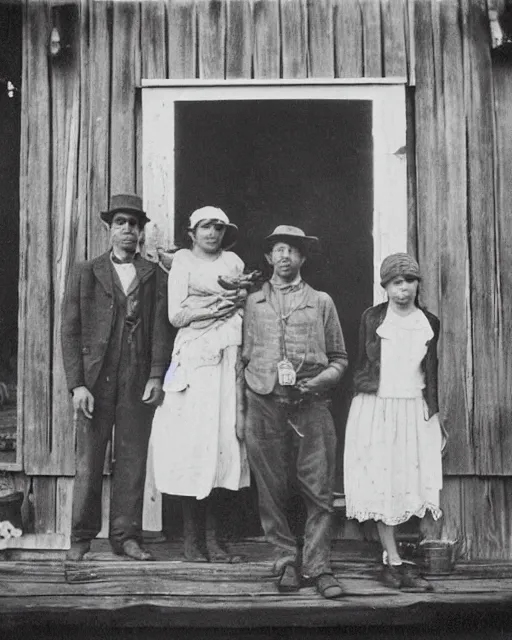 Image similar to “a black and white photograph of a successful Appalachian bootlegging family of four during prohibition, posed on the porch with a jars of moonshine, realistic, vintage, grainy film, 4k”