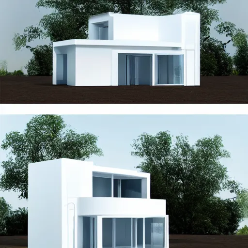 Image similar to blueprints of a concept modular house, minimalistic, white, future