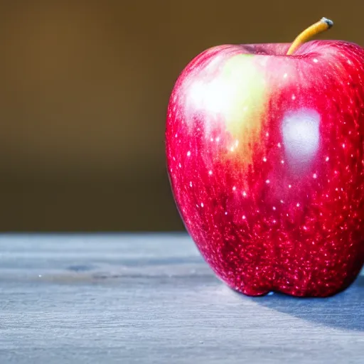 Prompt: There is an apple sitting on a table, it is made of reflective ruby crystal.