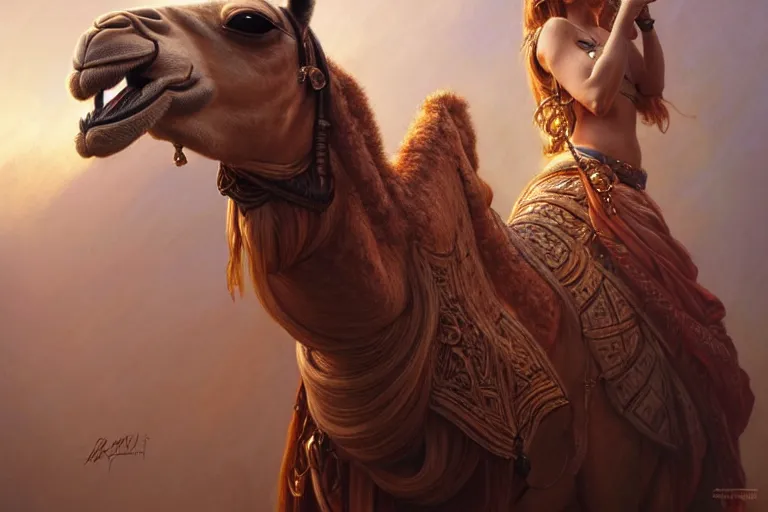 Image similar to triple headed camel, 1 0 0 1 night, deep focus, d & d, fantasy, intricate, elegant, highly detailed, digital painting, artstation, concept art, matte, sharp focus, illustration, hearthstone, art by artgerm and greg rutkowski and alphonse mucha