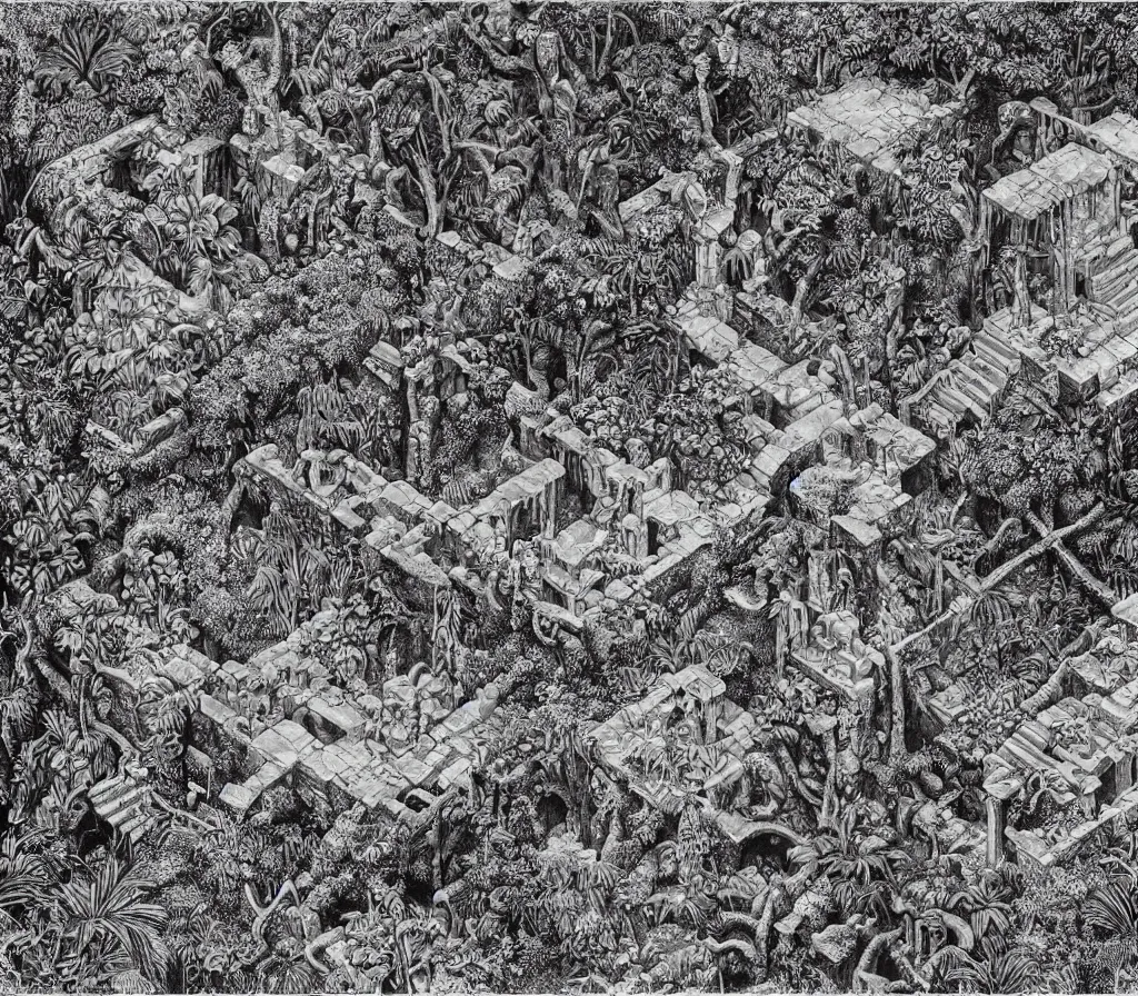 Prompt: Ancient jungle, Fey ruins, in the style of M.C. Escher, inspired by Caravaggio, Dungeons and Dragons Isometric Map