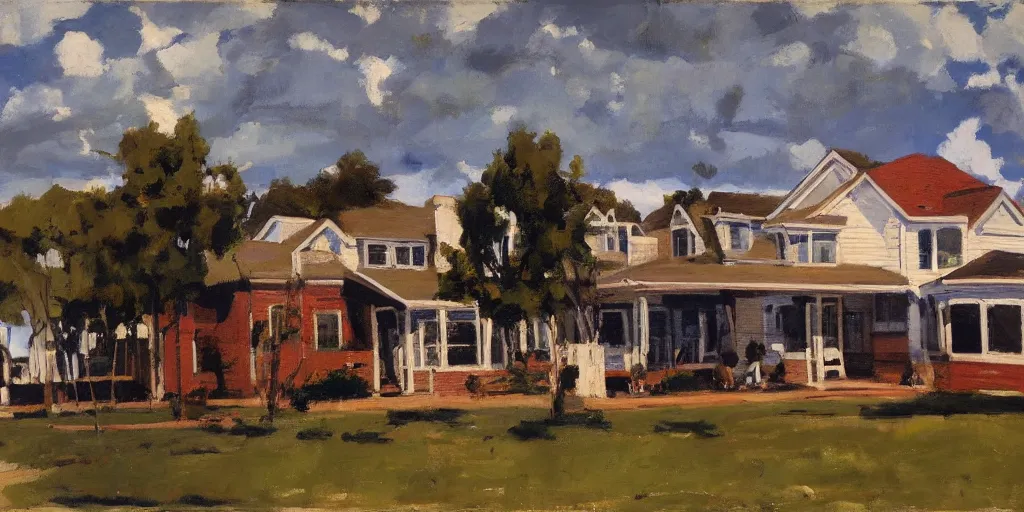 Prompt: us suburbs, ominous sky, ben aronson 1950