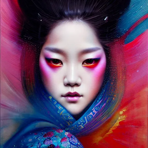 Image similar to blackpink, hyperrealistic portrait of a geisha wearing a colorful kimono, bladerunner street, by karol bak and agnes cecile, fantasy art, photo realistic, dynamic lighting, artstation, poster, volumetric lighting, very detailed face, intricate complexity, rule of thirds, 8 k, award winning