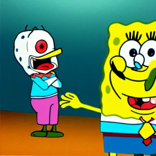 Image similar to spongebob licking a sad child, photorealistic