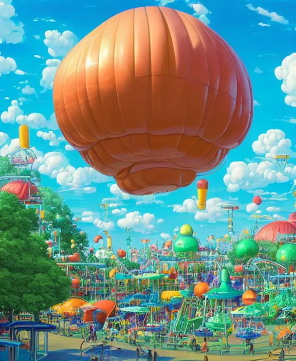 Image similar to a puffy inflated amusement park made out of seamless fat organic creatures, in the style of an aerodynamic blobby obese robot, overgrown with thick orchids, partly cloudy, sun - drenched, dramatic lighting, by dan mumford, yusuke murata, makoto shinkai, ross tran, cinematic, unreal engine, cel shaded, featured on artstation, pixiv