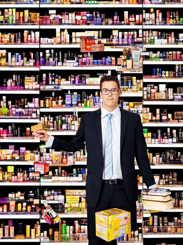 Image similar to a formal portrait photograph of an expanding salesman dissected into cubes. he is stacked on a supermarket shelf in the cosmetic aisle