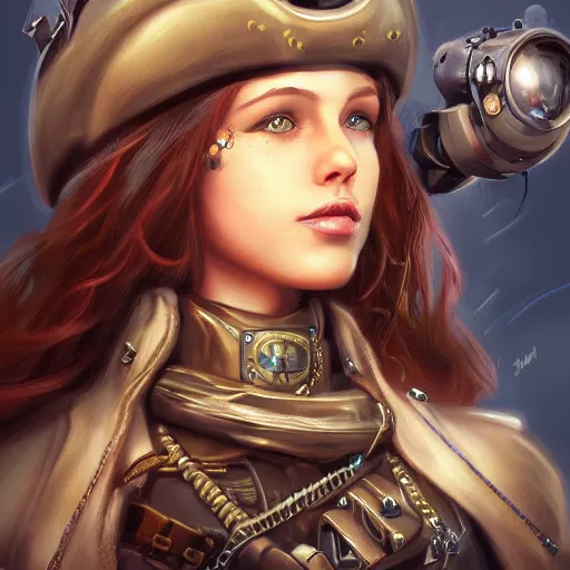 Image similar to beautiful futuristic young woman as a steampunk pirate captain, airship, thunderstorm, diffuse lighting, fantasy, intricate, highly detailed, lifelike, photorealistic, digital painting, artstation, illustration, concept art, smooth, sharp focus