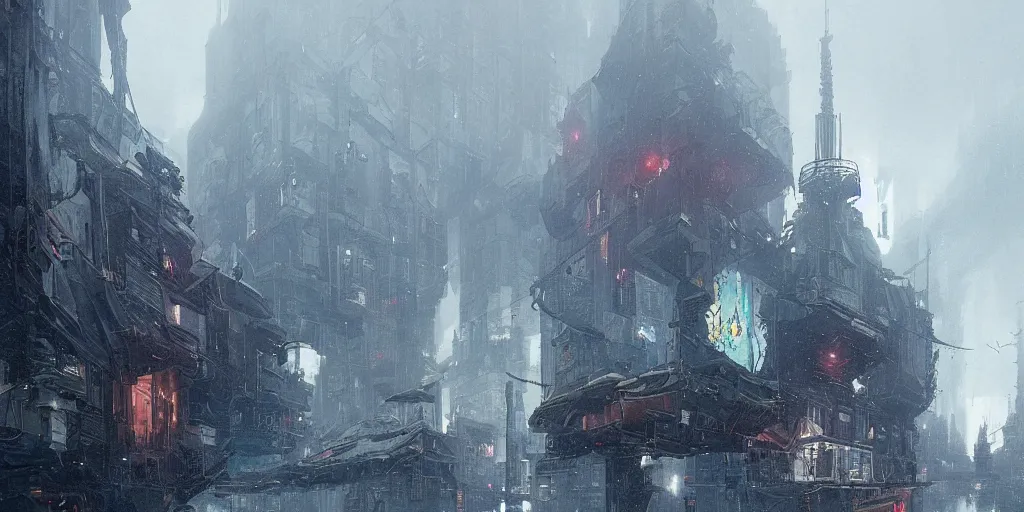 Image similar to cyberpunk depiction of the city of gdansk during arctic conditions by greg rutkowski