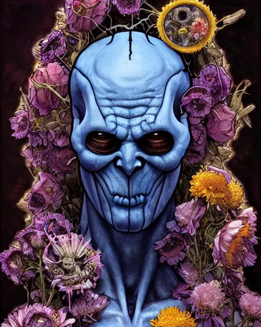 Image similar to the platonic ideal of flowers, rotting, insects and praying of cletus kasady ultimate carnage thanos dementor doctor manhattan chtulu nazgul davinci, detailed, intricate, hyperrealism, intense, scary, decay, dmt, art by brock hofer and artgerm and greg rutkowski and alphonse mucha