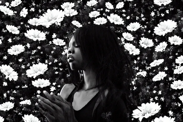 Image similar to “Extremely distraught black and white anime girl dramatically crying with flowers petals being blown around her by a violent wind, black and white”