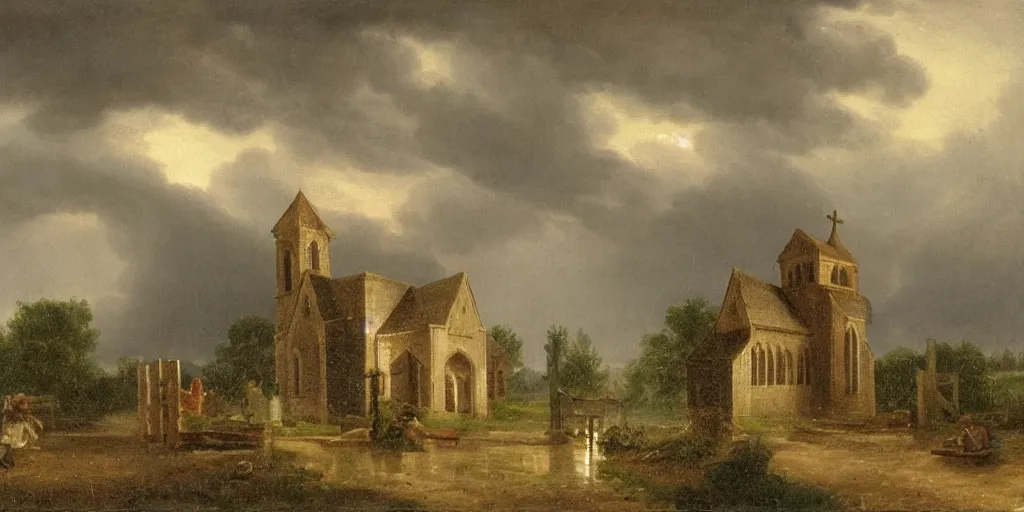 Image similar to a church in a village during a thunderstorm, cozy, by george henry durrie