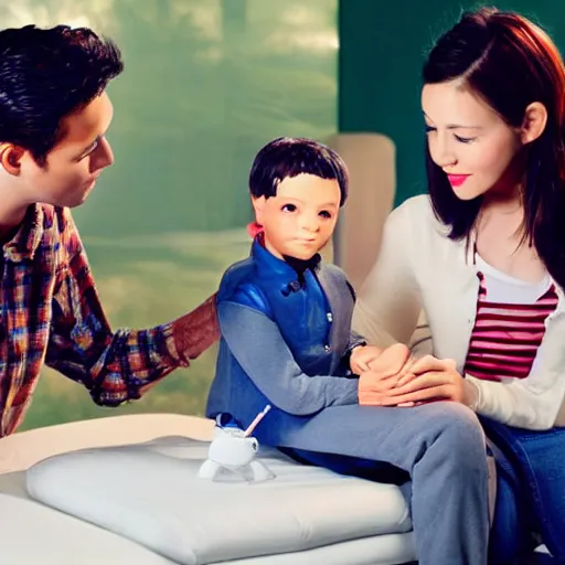 Prompt: a handsome young family with an advanced robotic young boy, scene from a future world where nanotechnology is ubiquitous