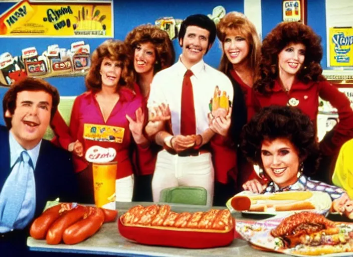 Image similar to a 1 9 8 0 s tv still of a sitcom about a hot dog salesman, retro