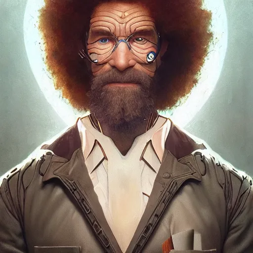 Prompt: concept portrait of cyborg bob ross intricate, elegant, highly detailed, my rendition, digital painting, artstation, concept art, smooth, sharp focus, illustration, art by greg rutkowski and alphonse mucha and uang guangjian and gil elvgren and sachin teng, symmetry!!