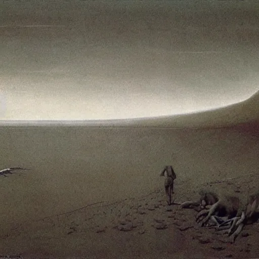 Prompt: decaying salmon on the beach after spawning, eaten by insects, by zdzisław beksinski.