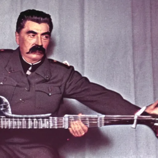 Image similar to a picture of Joseph Stalin playing heavy metal on stage
