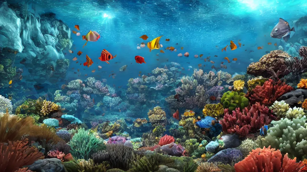 Image similar to The Australian barrier reef as seen from underwater with lots of fish, very very very beautiful scenery, hd, hdr, ue5, ue6, unreal engine 5, cinematic 4k wallpaper, 8k, ultra detailed, high resolution, artstation, award winning