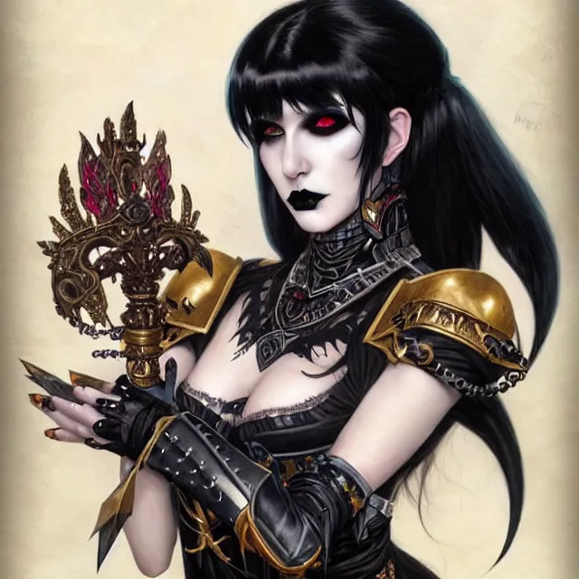 Image similar to portrait of beautiful goth girl cosplay with black hair in warhammer armor, black makeup, string bikini, few tattoos, art by stanley lau and artgem and wlop and magali villeneuve and karol bak and francois boucher and gennady ulybin and valery budanov and gustave boulangerie