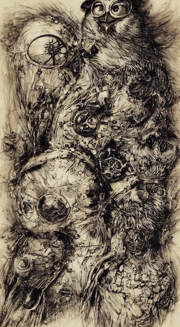 Image similar to Jean-Baptiste Monge and Alex Ross a artwork of leonardo da vinci sketches of steampunk owl