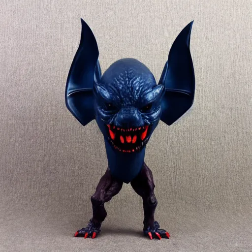 Image similar to detailed full body of scary giant mutant dark blue humanoid pygmy-bat, glowing red eyes, sharp teeth, acid leaking from mouth, realistic, giant, bat ears, bat nose, furred, detailed, 85mm f/1.4