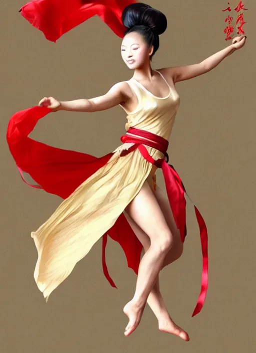 Image similar to full body portrait of a dancer throwing silk belts, feet, barefoot, full body, tanned, vivacious, extremely beautiful, hanfu, chinese ribbon dance, wide ribbons, silk belt, wuxia, martial arts, ming dynasty, detailed, realistic face, anatomically accurate, fantasy illustration, dnd, artstation, wlop.