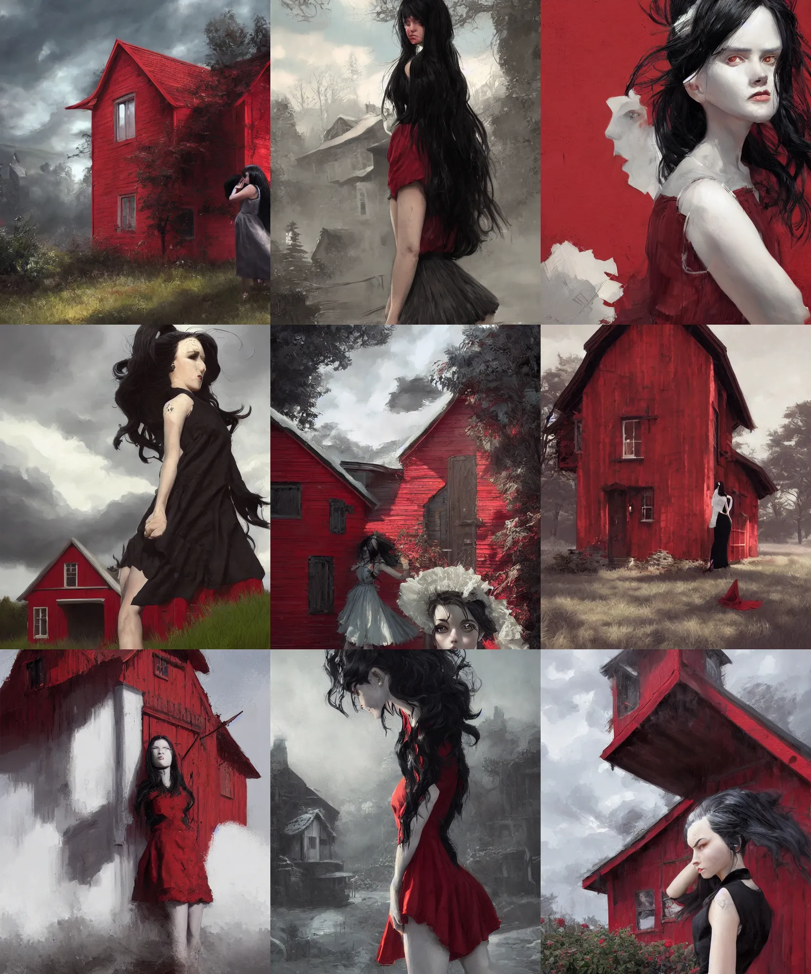 Prompt: a young woman in the shadow! of a red cottage!. black hair, white!! dress, sharp focus, wide angle, art by eddie mendoza, trending on artstation, highly detailed, hyper realistic.