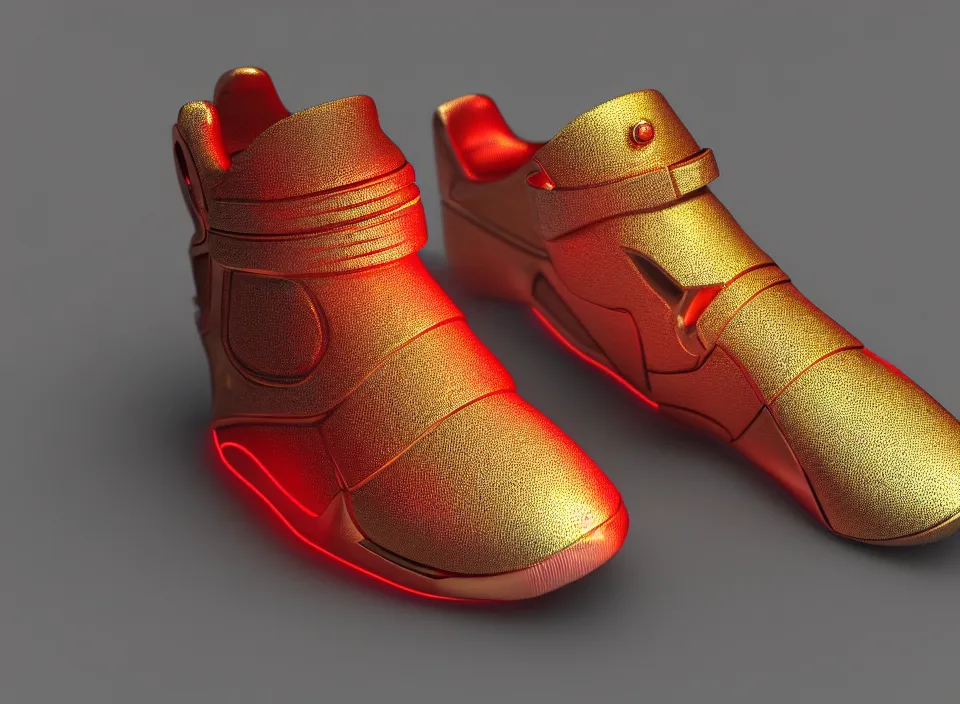 Image similar to realistic 3 d render of a cyberpunk android sneaker, beautiful studio lighting, soft, sharp focus, neon cyberpunk highlights, intricate detail, gold and red metal, soft rubber, textured plastic, octane render, side view, close up, trending on artstation, deviantart, nike, adidas