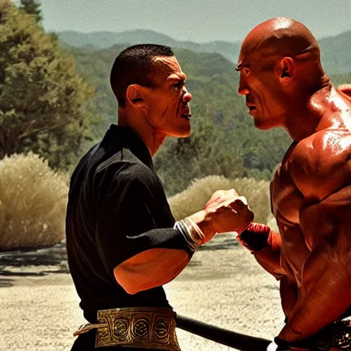 Image similar to Samurai John Cena vs samurai the rock , a film still