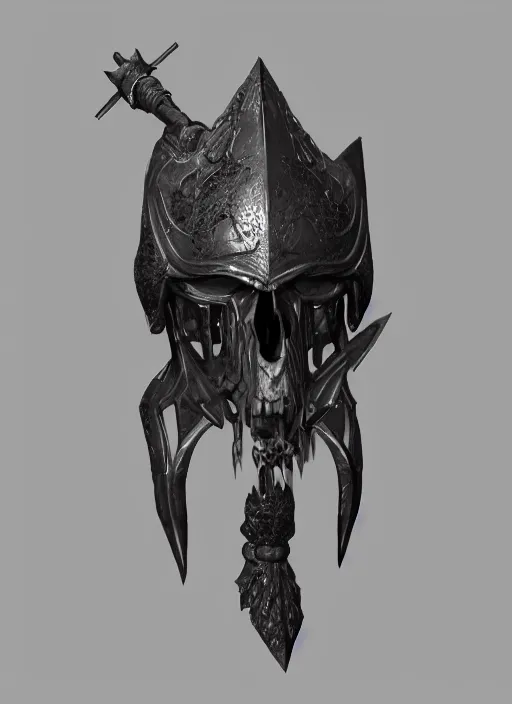 Image similar to a black long sword skull crest, orthographic, ornament, weapon, a 3 d render by dom qwek, front side views full, trending on polycount, artstation, hard surface modeling, rendered in maya, 3 ds max, blender, hd, vray, berserk blood