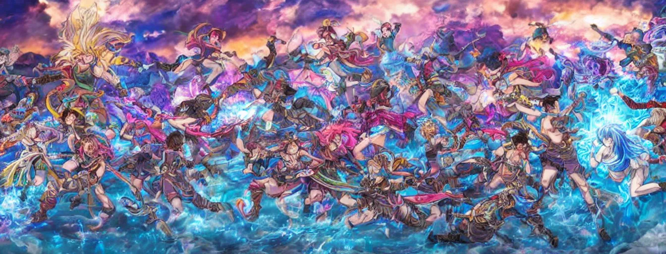 Prompt: a zoomed out panoramic view of rainbow soul ice spirits fighting on the battlefield. hyperrealistic anime background illustration by kim jung gi, colorful, extremely detailed intricate linework, smooth, super sharp focus, bright colors, high contrast, matte, octopath traveler, unreal engine 5 highly rendered, global illumination, radiant light