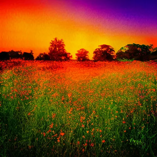 Image similar to A meadow of flowers with a sunset on the horizon, glitch filter