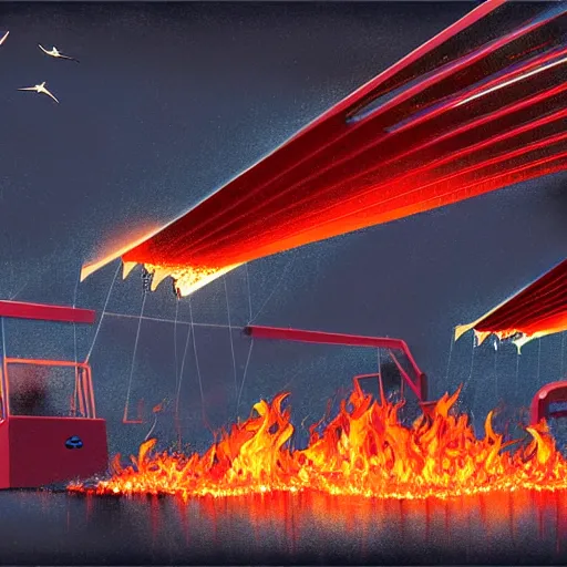 Image similar to in the lower part of the picture is the harp burning in the fire, above are cranes flying in flames, digital painting, concept art