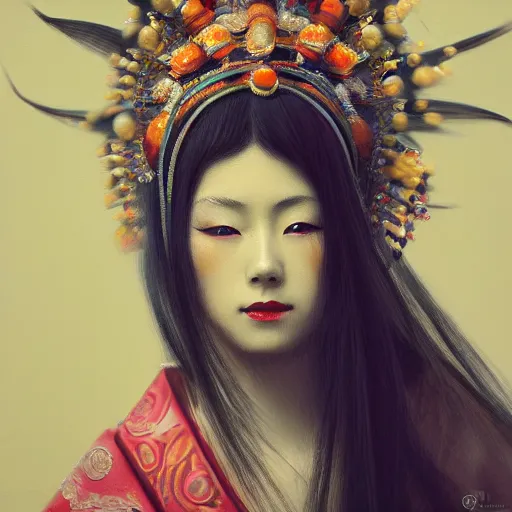 Image similar to beautiful japanese oil panting of a lady in headdress, rendered by octane, depth of field, ultra detailed, rococo, zen concept, trending on artstation, 8k