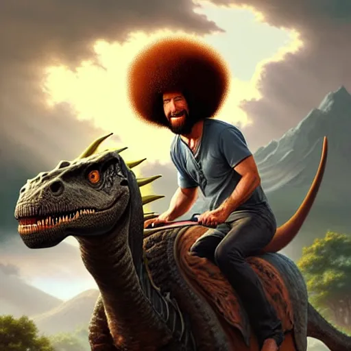 Image similar to bob ross!!! riding! a dinosaur!!, giant afro!, model pose, ultra realistic, concept art, intricate details, highly detailed, photorealistic, octane render, 8 k, unreal engine. art by artgerm and greg rutkowski and alphonse mucha