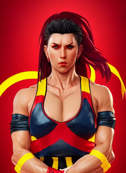 Image similar to wwf female wrestler 1 9 9 0, wide angle view, red and yellow color scheme, highly detailed, artgerm, cushart krenz, king of fighters style, trending on artstation, soft light, sharp focus, illustration, character design, concept art