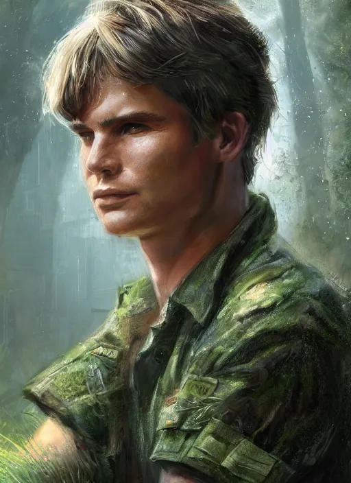 Image similar to portrait of a young richard dean anderson wearing a green combat uniform, in a post appocalyptic city overgrown by plants, by wlop, by luis royo, cover illustration, concept art, volumetric lighting, volumetric atmosphere, sharp focus, octane render, trending on artstation, 8 k