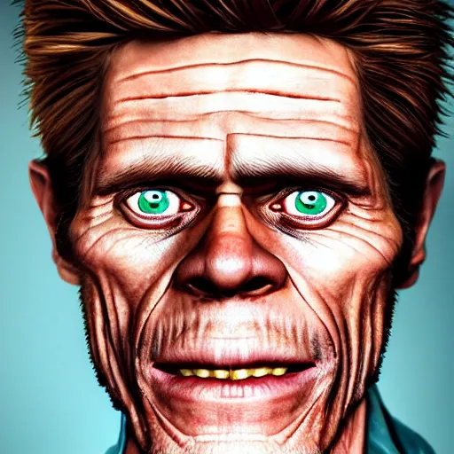 Image similar to photo portrait of willem dafoe cosplaying as postal dude, willem dafoe, realistic, hyperrealistic, 8 k resolution, hd quality, very detailed, highly detailed, intricate details, real life, real world, trending on artstation, digital art, really realistic, very realistic, headshot, head in frame, photograph, portrait, head in frame