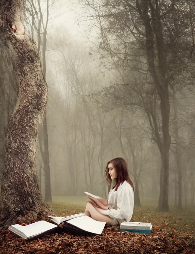 Image similar to Girl in white reading a book sitting on a tree in a foggy forest, Cinematic focus, Polaroid photo, vintage, neutral colors, soft lights, by Steve Hanks, by Serov Valentin, by lisa yuskavage, by Andrei Tarkovsky 8k render, detailed, oil on canvas