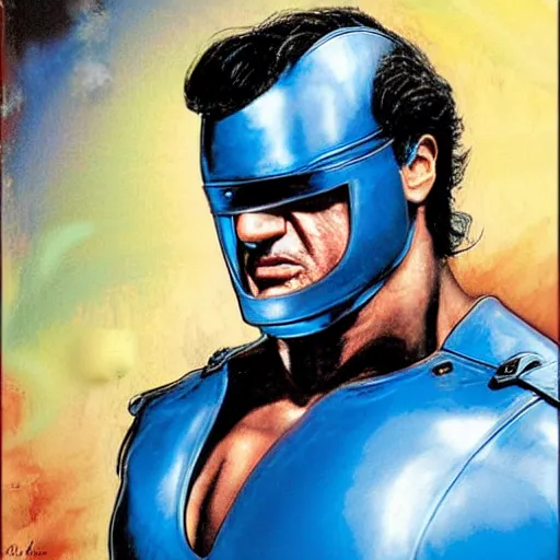 Prompt: sylvester stallone in blue metal cyber suit, art by bisley