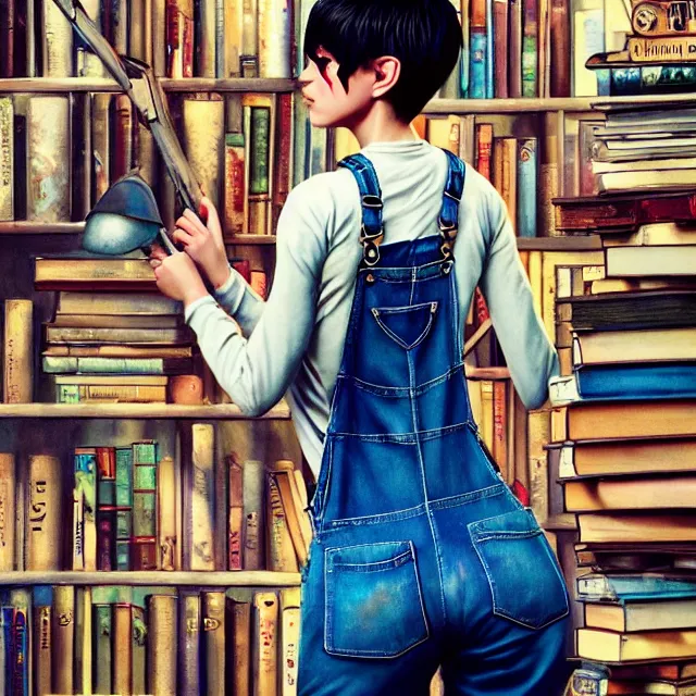 Image similar to full body pose, beautiful adult book fairy, pixar, short white hair shaved sides, dirty, grungy, grunge, long sleeve, painted overalls, stacks of giant books, highly detailed, 4 k, hdr, smooth, sharp focus, high resolution, award - winning photo, artgerm, photorealistic