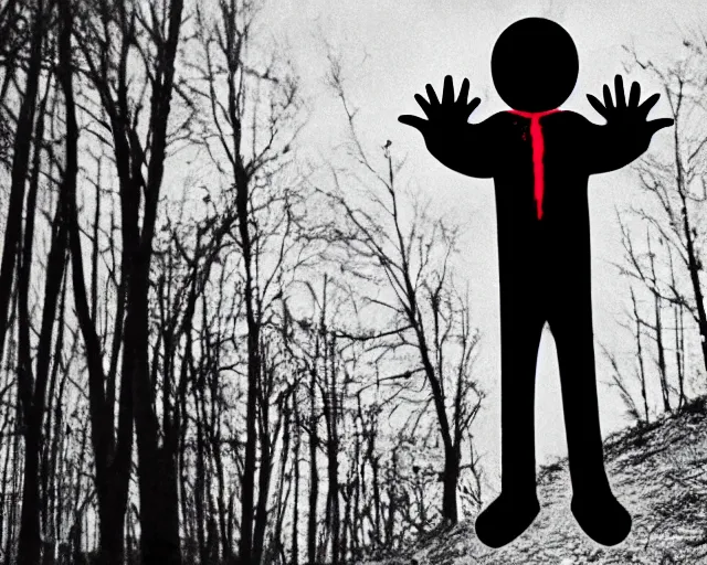 Image similar to scary elmo with long, slim, gangly arms, horror, slenderman, terror, night cam footage, red and black, wilderness