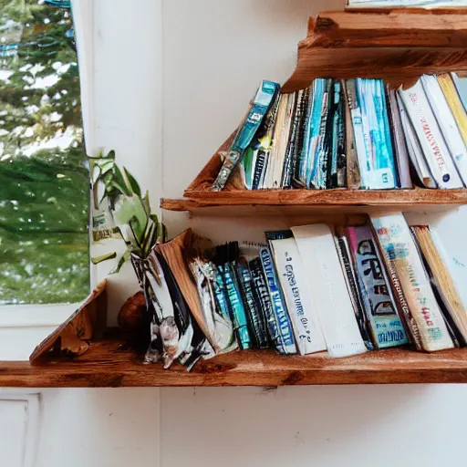 Prompt: a book on a wood shelf