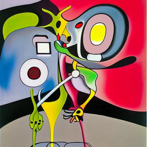 Prompt: Oil painting by Roberto Matta. Strange mechanical beings kissing. Portrait by Takashi Murakami. Yves Tanguy.