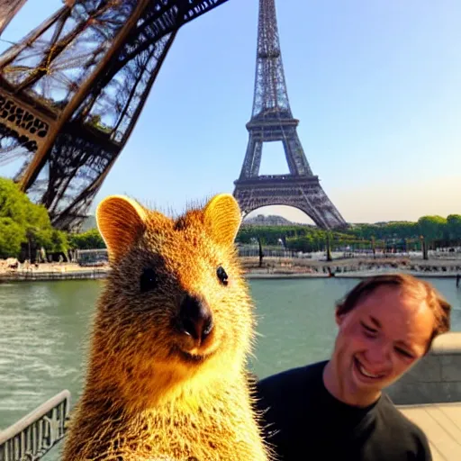 Prompt: a quokka selfie in front of the eiffel tower, in the style of fanny brate